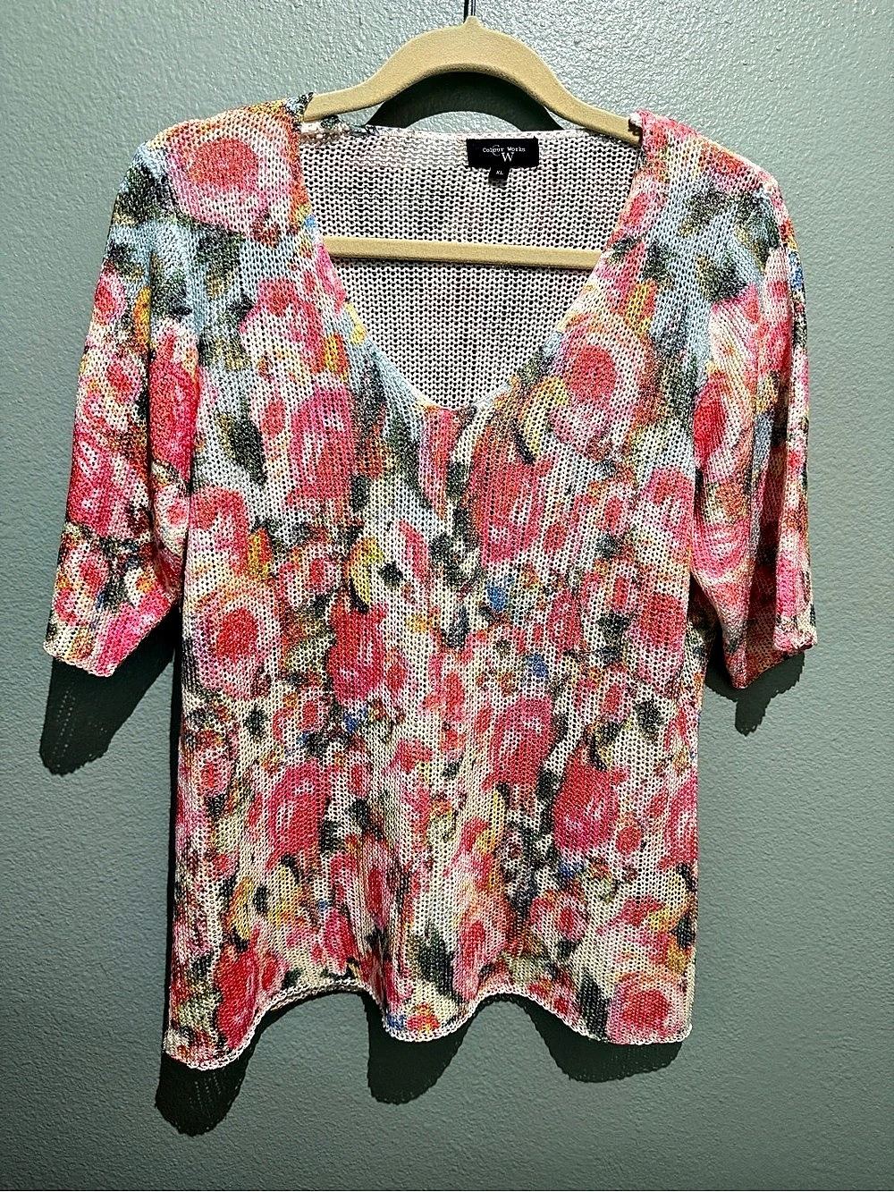 Colour Works Floral Short Sleeve Tunic in Pink & Green Size XL